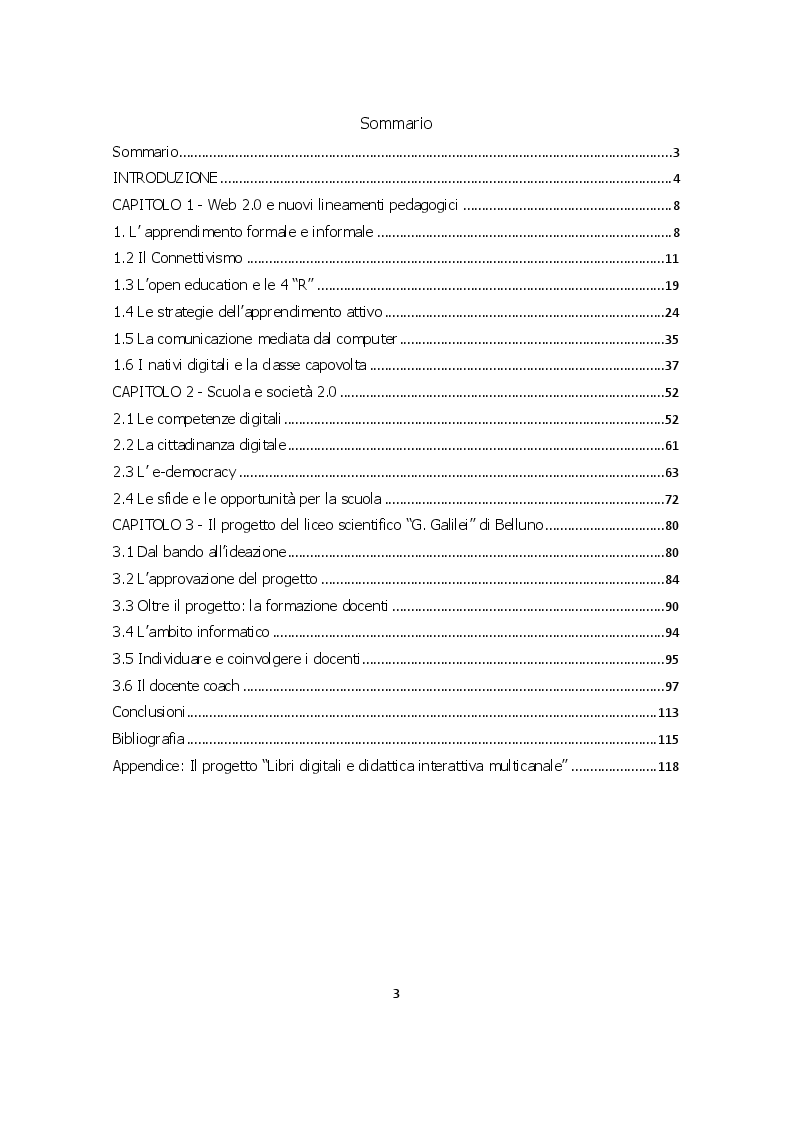 Indice della tesi: Verso la Scuola 2.0: il progetto “Libri digitali e didattica interattiva multicanale”” del Liceo Scientifico “G. Galilei” di Belluno, Pagina 1