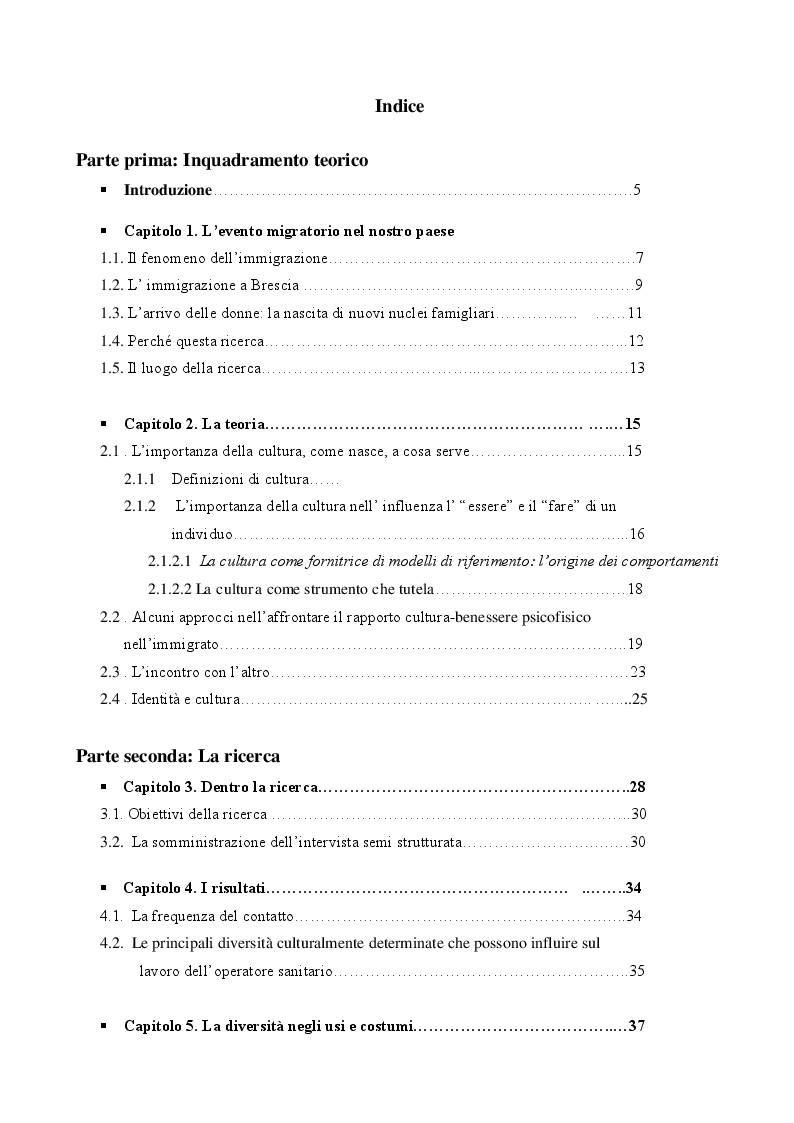 Indice della tesi: Le diversità culturalmente determinate percepite dall'operatore sanitario nell'incontro con la paziente straniera - Ricerca in un contesto ostetrico, Pagina 1