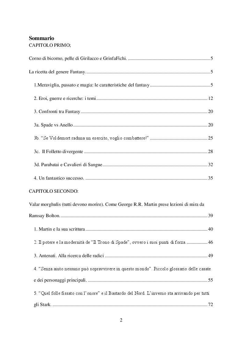 Indice della tesi: Quel folle fissato con l'onore e altre storie de "Il Trono di Spade", Pagina 1