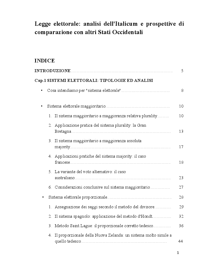 Indice della tesi: Legge elettorale: analisi dell'Italicum e prospettive di comparazione con altri stati occidentali, Pagina 1