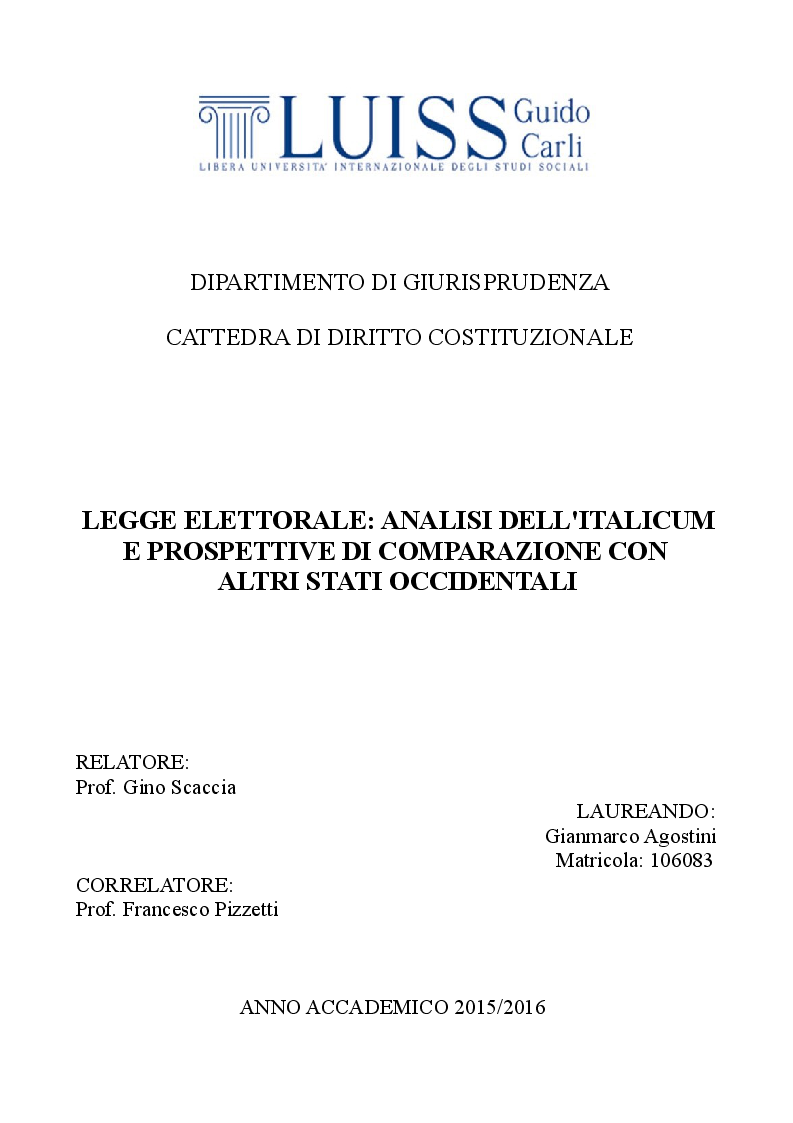 Anteprima della tesi: Legge elettorale: analisi dell'Italicum e prospettive di comparazione con altri stati occidentali, Pagina 1