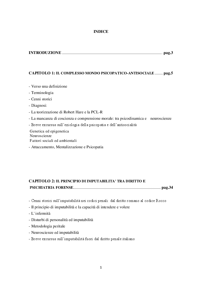 Indice della tesi: Le nuove prospettive sul legame tra psicopatia, imputabilità e trattamento, Pagina 1