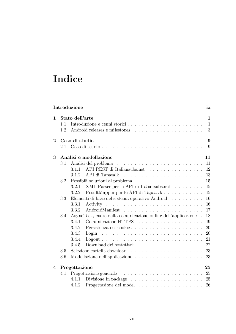 Indice della tesi: Realizzazione di un'applicazione mobile Android basata su interazioni con interfacce API di diversi servizi., Pagina 1