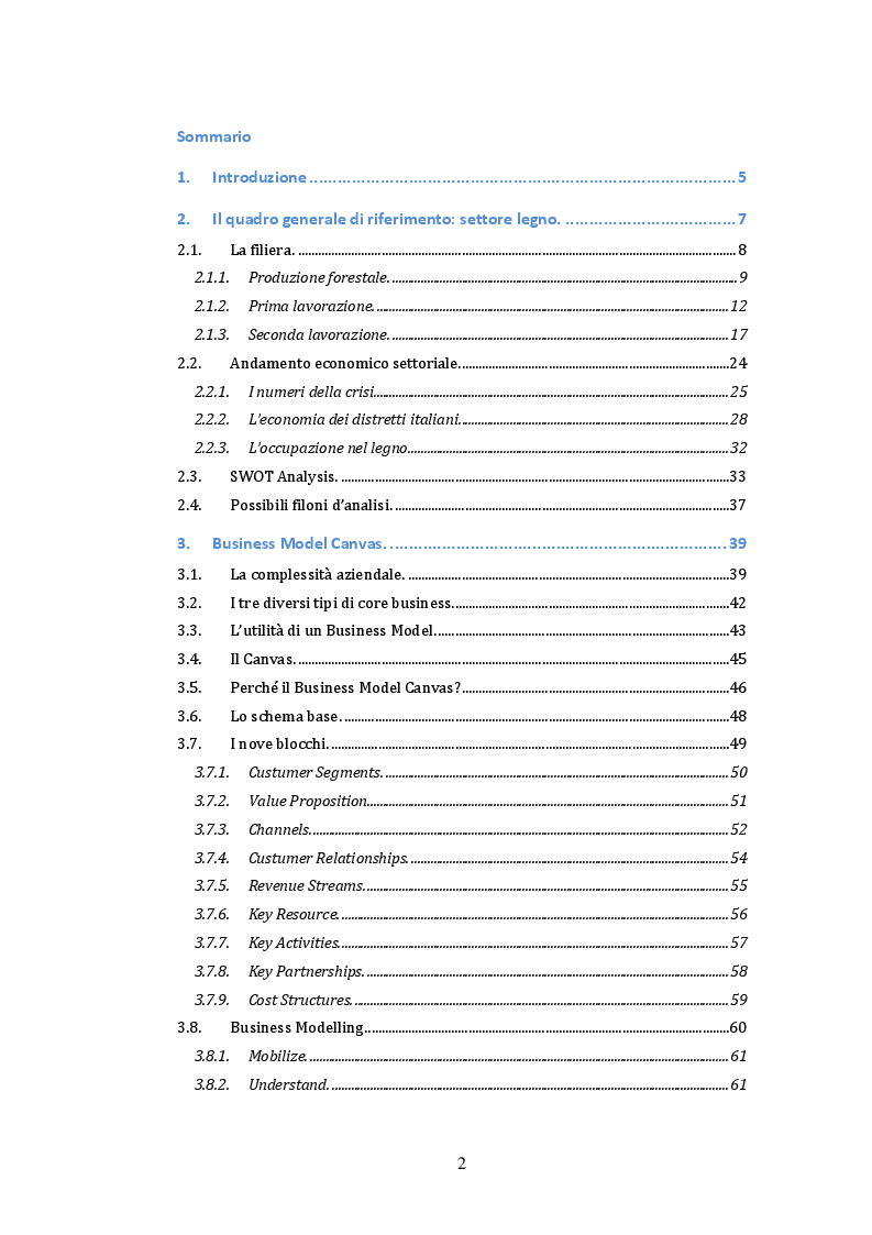 Indice della tesi: Le Strategie del settore Legno: un'applicazione del Business Model, Pagina 1
