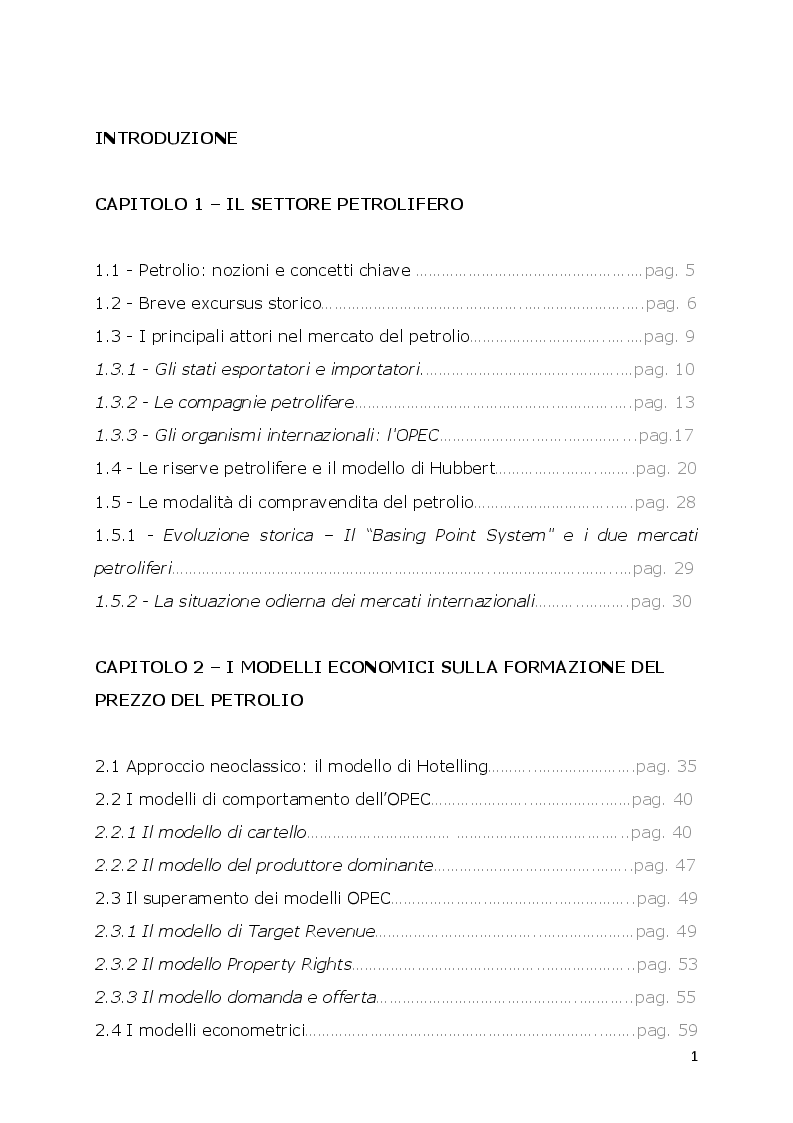 Indice della tesi: I modelli economici sulla formazione del prezzo del petrolio, Pagina 1