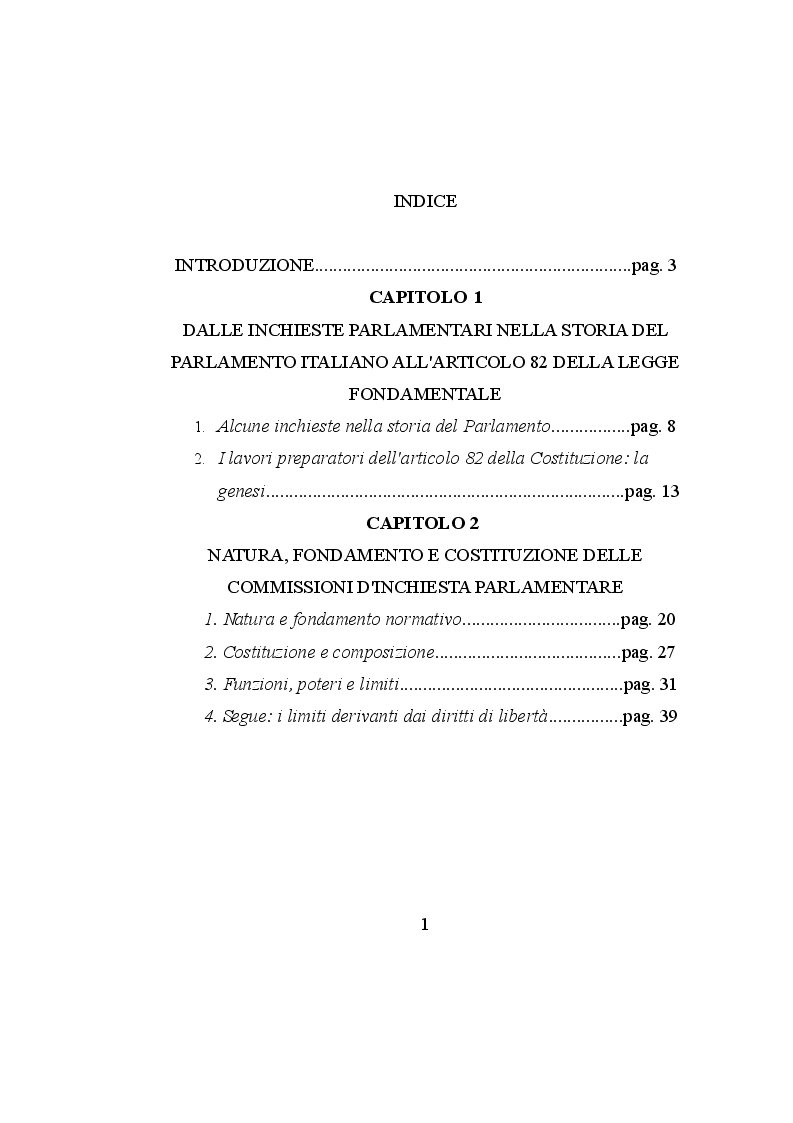 Indice della tesi: Le commissioni parlamentari d'inchiesta, Pagina 1