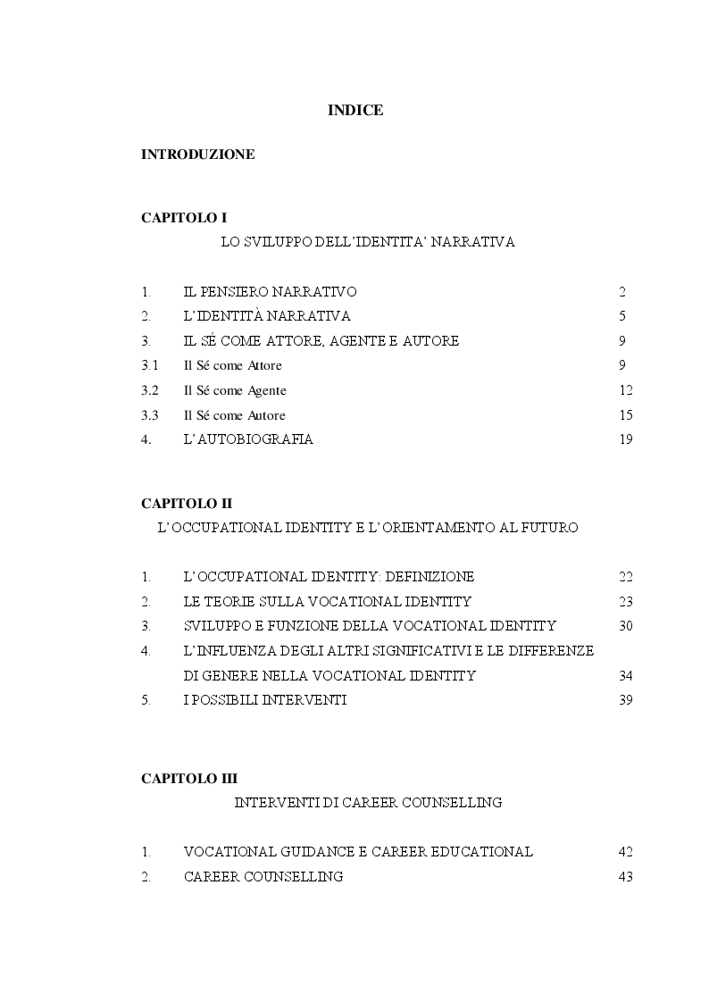Indice della tesi: La Vocational Identity: un intervento di career counselling in due scuole napoletane, Pagina 1