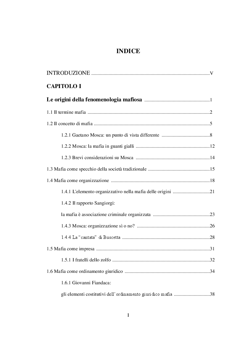 Indice della tesi: La incriminazione dell’associazione di tipo mafioso: profili storici e problematiche interpretative, Pagina 1