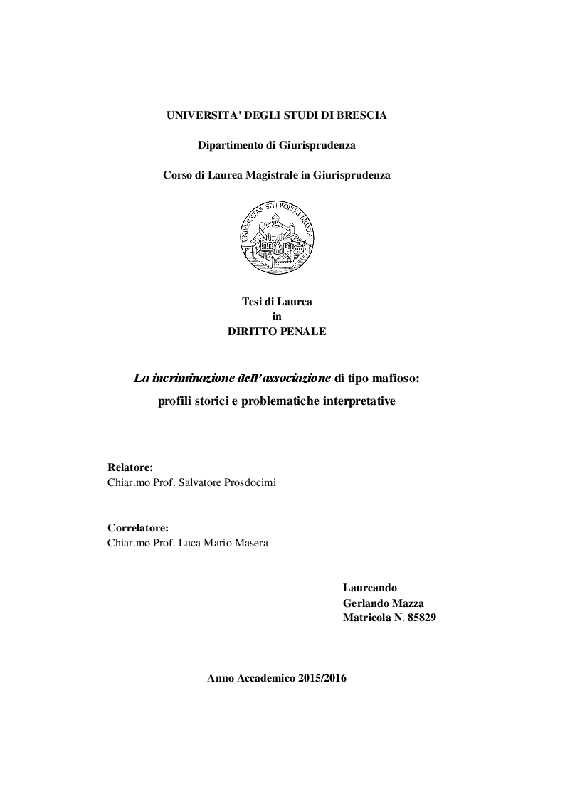 Anteprima della tesi: La incriminazione dell’associazione di tipo mafioso: profili storici e problematiche interpretative, Pagina 1
