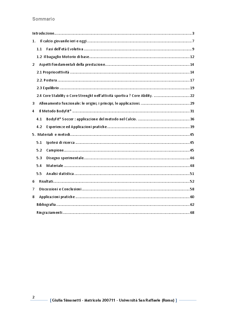 Indice della tesi: BodyFit® Soccer: Metodo Funzionale neuromuscolare, Pagina 1