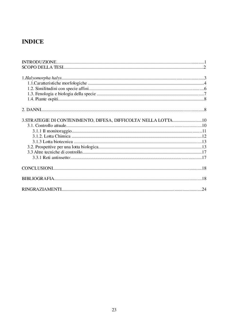 Indice della tesi: Misure di Contenimento degli organismi invasivi. Il caso della Cimice Marmorizzata Asiatica, Pagina 1