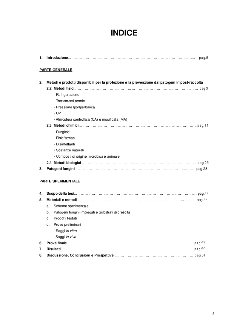 Indice della tesi: Potenzialità dei trattamenti biologici per la protezione dei prodotti orto-frutticoli in post-raccolta: un caso studio., Pagina 1