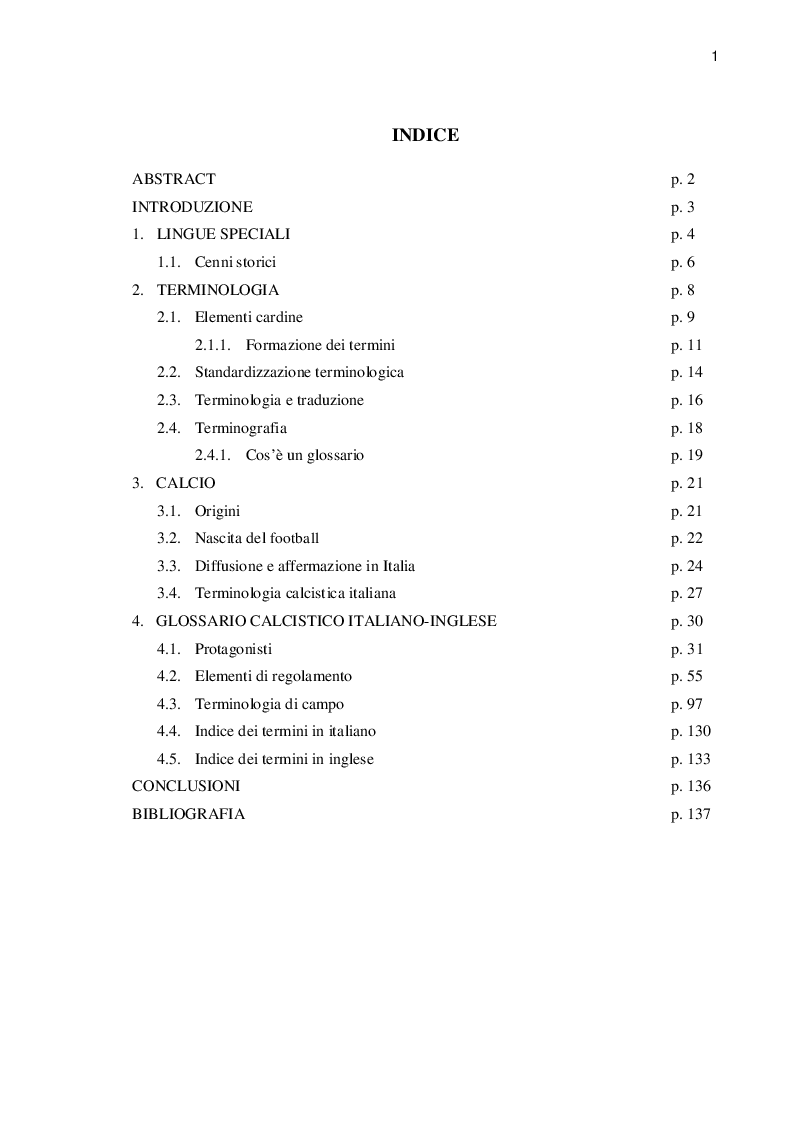 Indice della tesi: Lingua e terminologia nello sport: il caso del calcio, Pagina 1