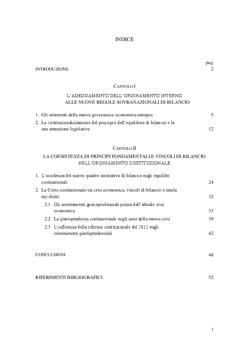 Indice della tesi: Il principio costituzionale dell'equilibrio di bilancio in uno Stato democratico-sociale, Pagina 1