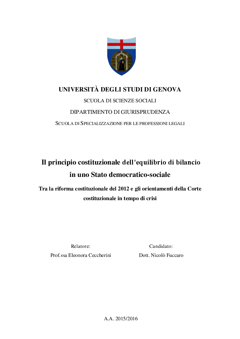 Anteprima della tesi: Il principio costituzionale dell'equilibrio di bilancio in uno Stato democratico-sociale, Pagina 1