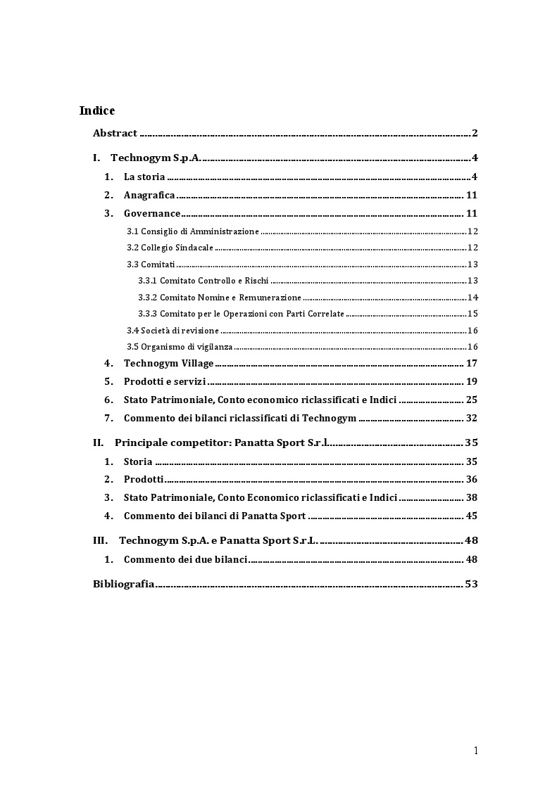 Indice della tesi: Analisi economico-finanziaria di Technogym, Pagina 1
