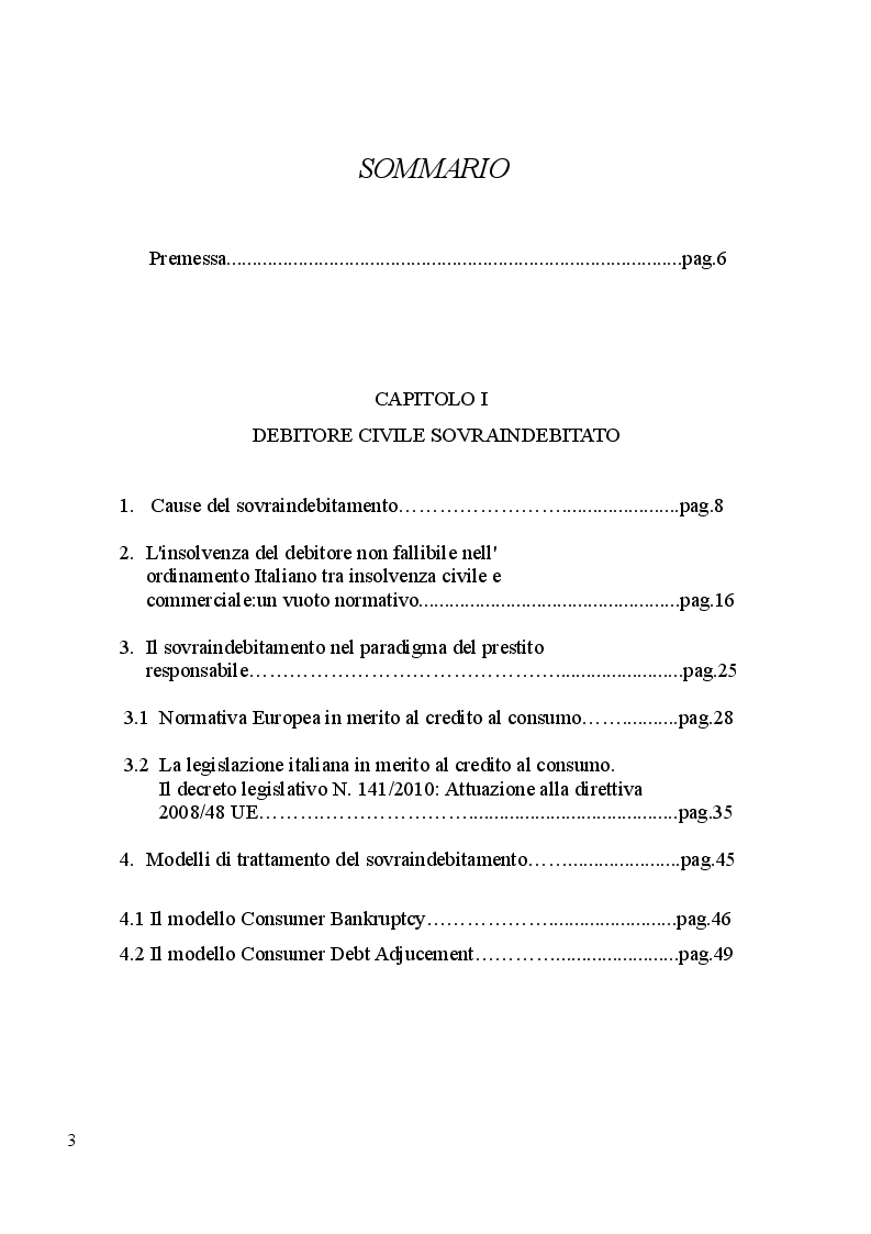 Indice della tesi: La nuova frontiera dell'insolvenza del consumatore, Pagina 1