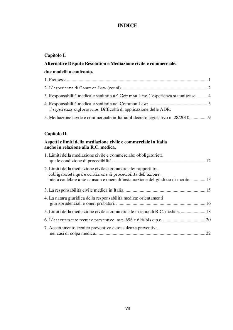 Indice della tesi: Aspetti e limiti della mediazione obbligatoria in tema di responsabilità medica e sanitaria. Prospettive di riforma., Pagina 1