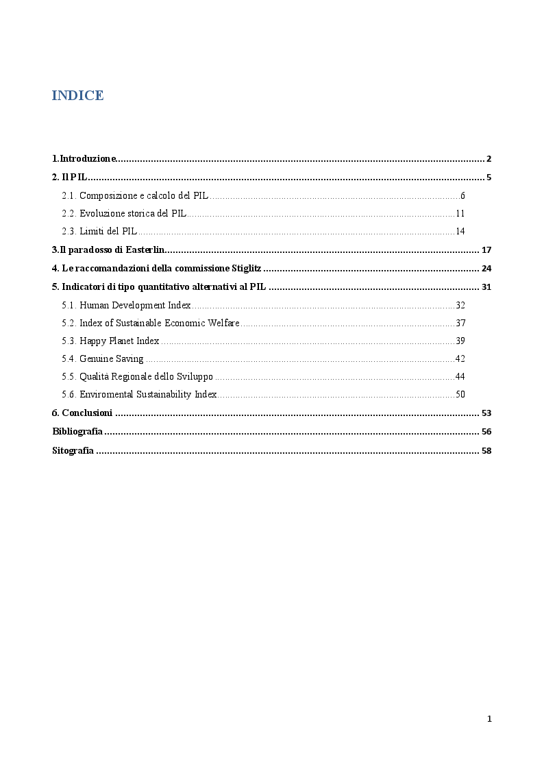 Indice della tesi: Oltre il PIL: Valutazione del benessere attraverso indicatori di tipo quantitativo, Pagina 1
