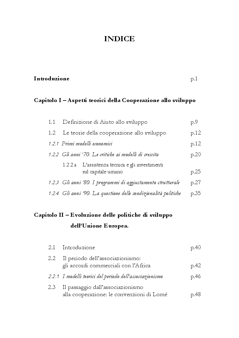 Indice della tesi: Evoluzione e prospettive delle politiche di cooperazione allo sviluppo dell’Unione Europea, Pagina 1