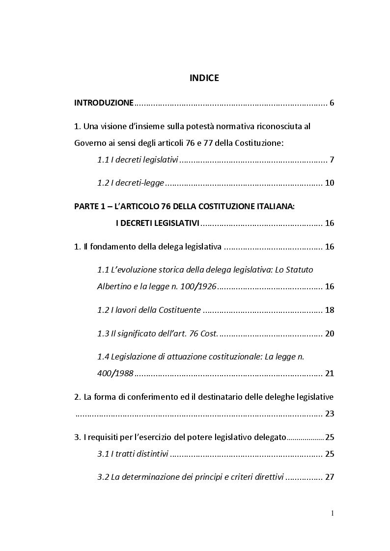 Indice della tesi: Gli articoli 76 e 77 della Costituzione Italiana, Pagina 1