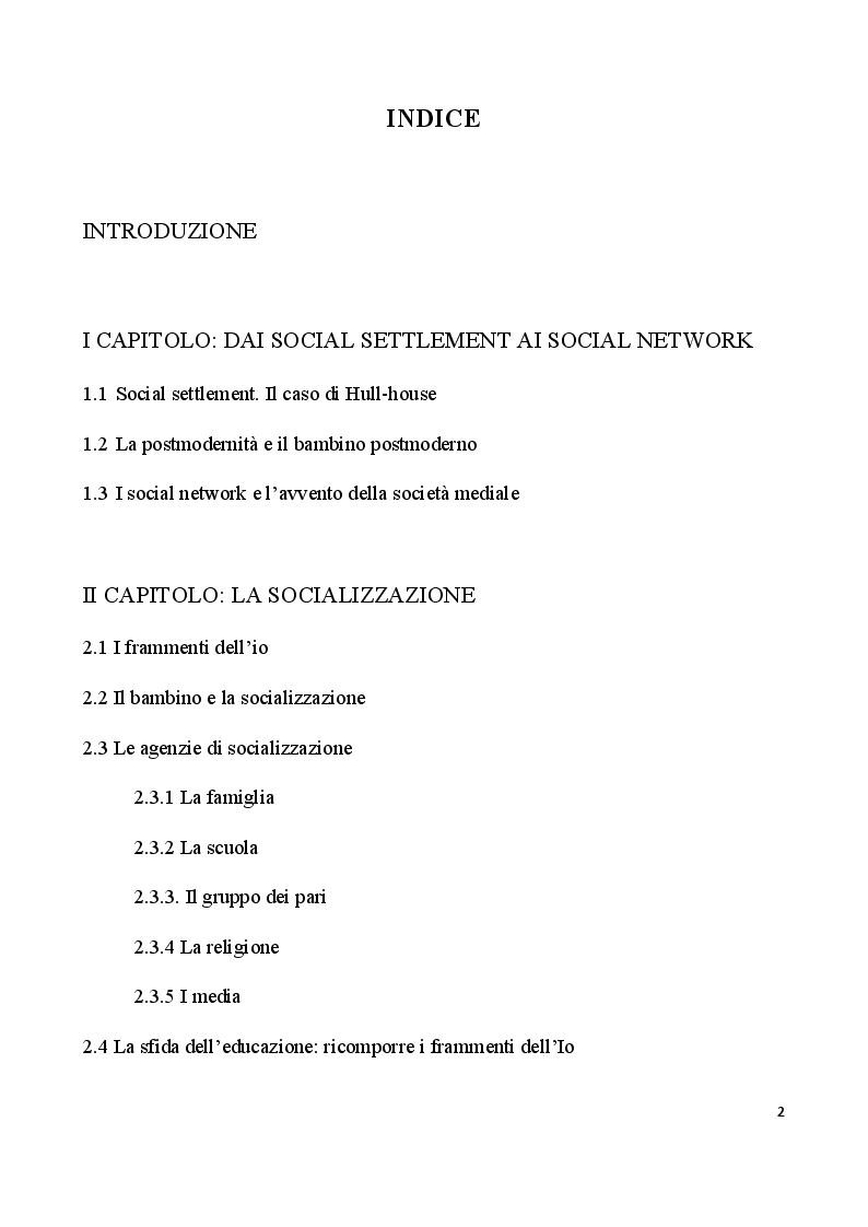 Indice della tesi: Percorsi di socializzazione attraverso i cartoni animati. Una esperienza di media education nella scuola primaria, Pagina 1