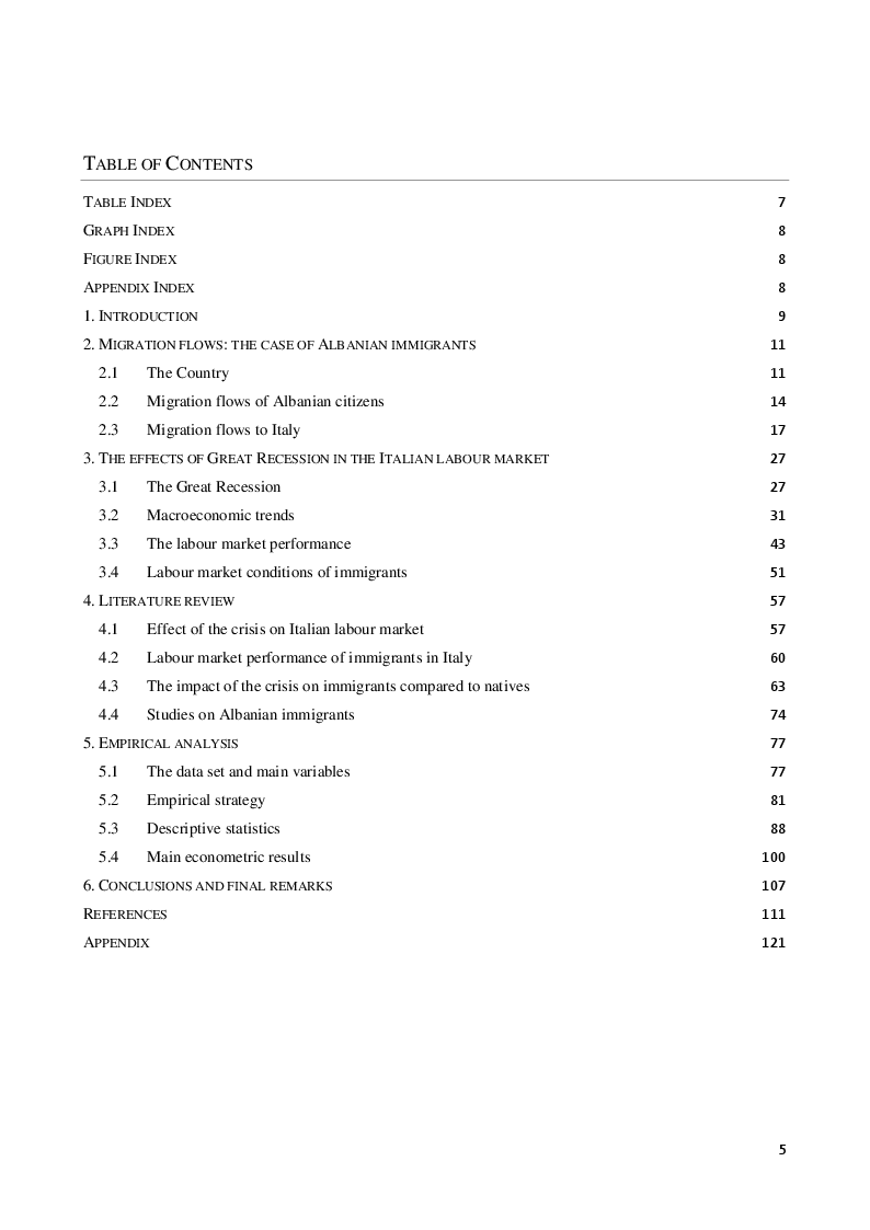 Indice della tesi: Great Recession and Labour Market In Italy: The Case of Albanian Immigrants, Pagina 1
