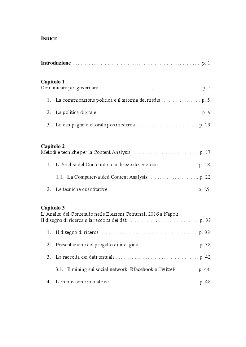 Indice della tesi: #Napoli2016. Analisi statistico-lessicale della Campagna Elettorale per le Elezioni Comunali, Pagina 1