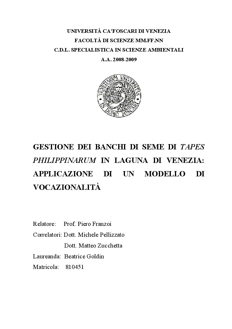 Anteprima della tesi: Gestione dei banchi di seme di Tapes Philippinarum in Laguna di Venezia: applicazione di un modello di vocazionalità, Pagina 1