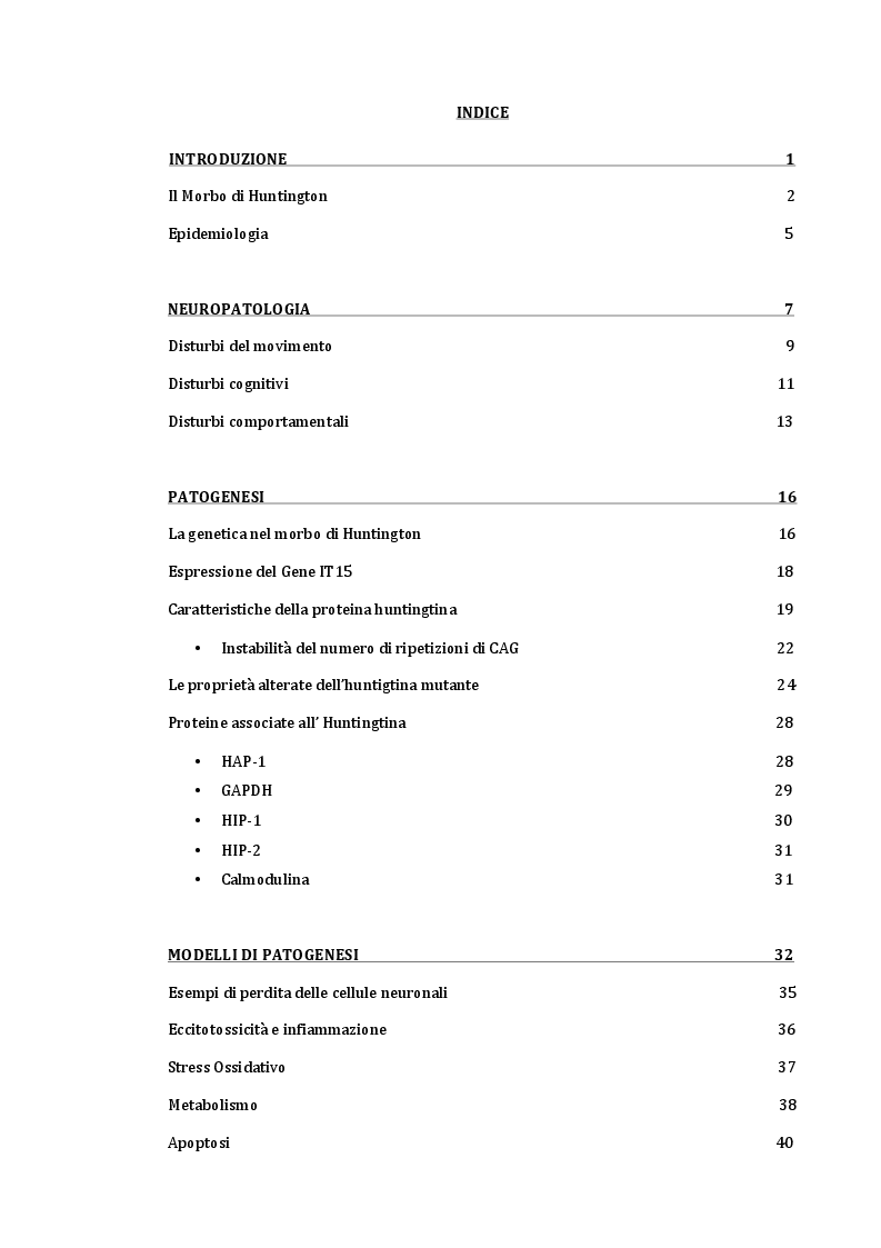 Indice della tesi: Approccio terapeutico al trattamento del morbo di Huntington , Pagina 1