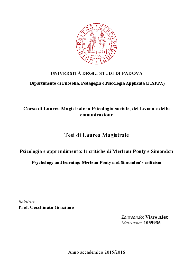 Anteprima della tesi: Psicologia e apprendimento: le critiche di Merleau-Ponty e Simondon, Pagina 1