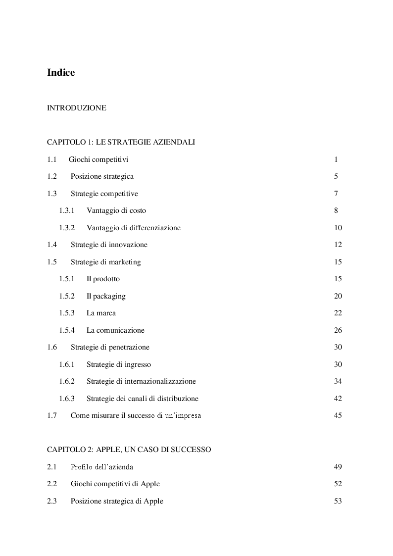 Indice della tesi: Le strategie di successo, Pagina 1
