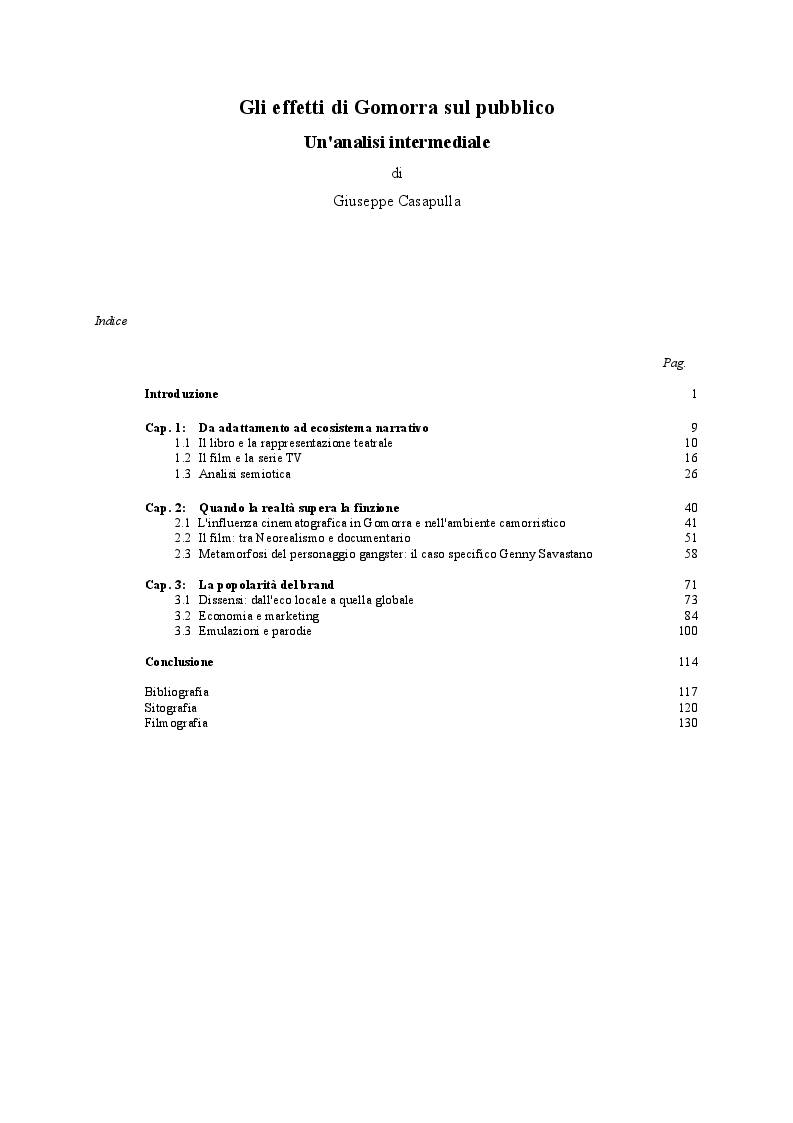 Indice della tesi: Gli effetti di Gomorra sul pubblico. Un'analisi intermediale, Pagina 1