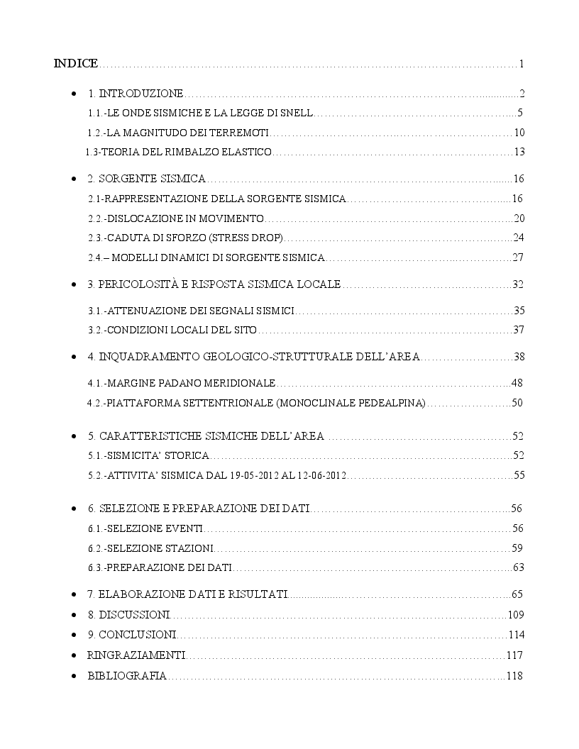 Indice della tesi: Studio dei parametri alla sorgente per i terremoti della sequenza sismica emiliana del 2012, Pagina 1