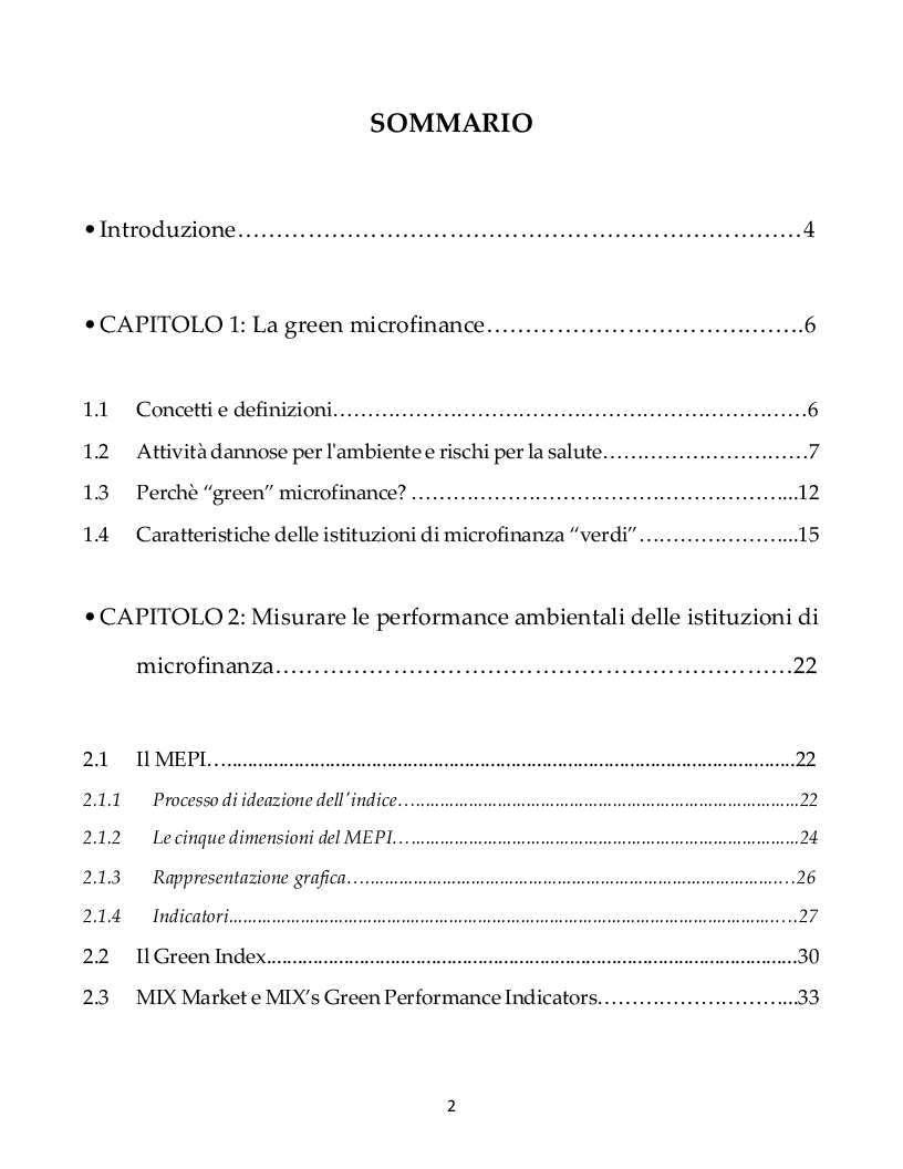 Indice della tesi: Misurare l'impatto ambientale della microfinanza: un'analisi su dati mix-market, Pagina 1