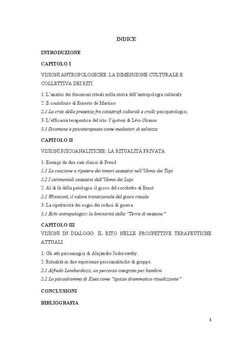 Indice della tesi: Orizzonti rituali tra antropologia e psicoanalisi, Pagina 1