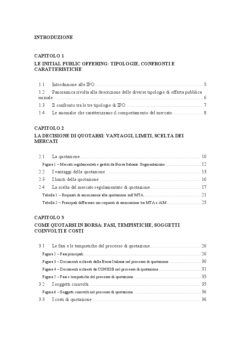 Indice della tesi: Le IPO: analisi teoriche ed evidenze empiriche nel mercato italiano, Pagina 1