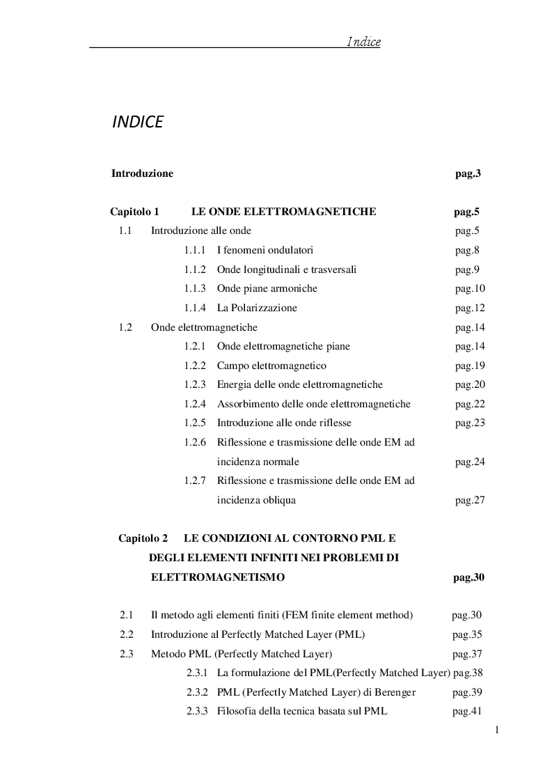 Indice della tesi: Tecniche FEM per l’imposizione delle condizioni al contorno basate sui PML e sugli Elementi Infiniti, Pagina 1