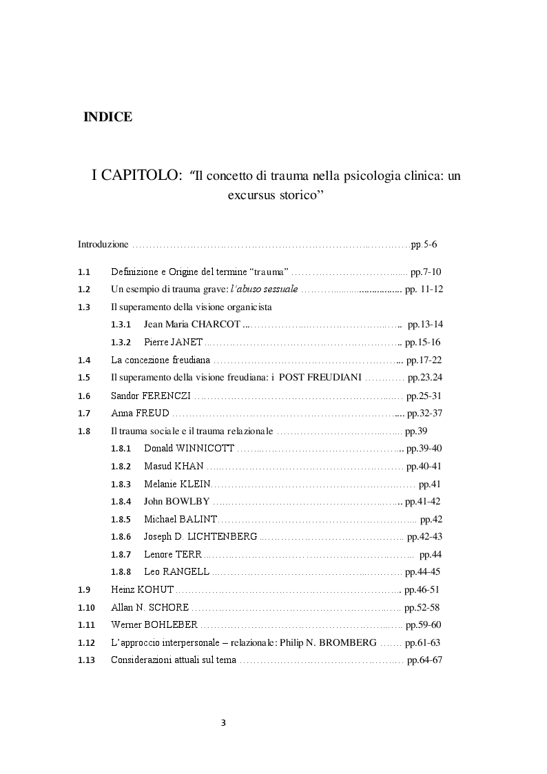 Indice della tesi: Il concetto di trauma nella psicologia clinica: analisi critica della letteratura, Pagina 1