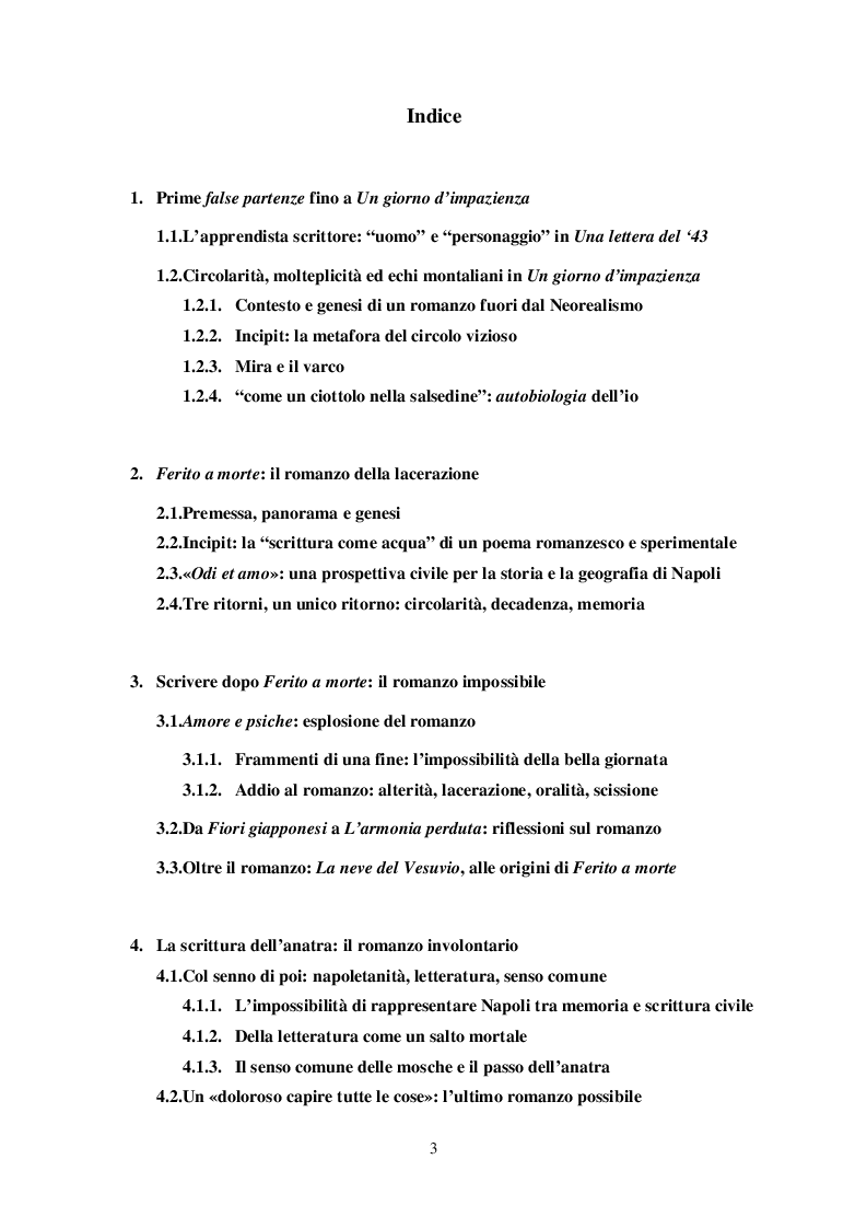 Indice della tesi: "La luce di un ripensamento incessante": Raffaele La Capria, scrittore del poi, Pagina 1