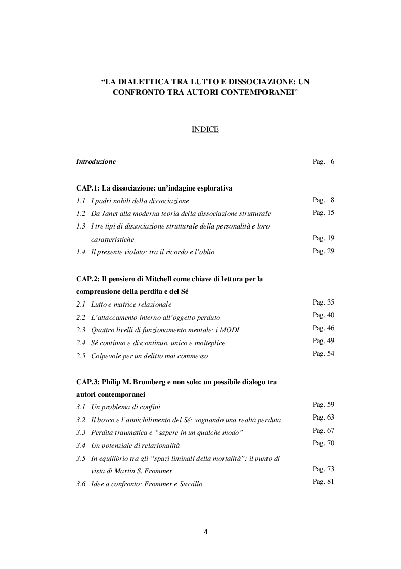 Indice della tesi: La dialettica tra lutto e dissociazione: un confronto tra autori contemporanei, Pagina 1
