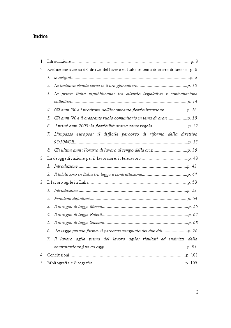 Indice della tesi: Orario di lavoro e diritti al tempo della deoggettivazione: quali prospettive dal lavoro agile?, Pagina 1