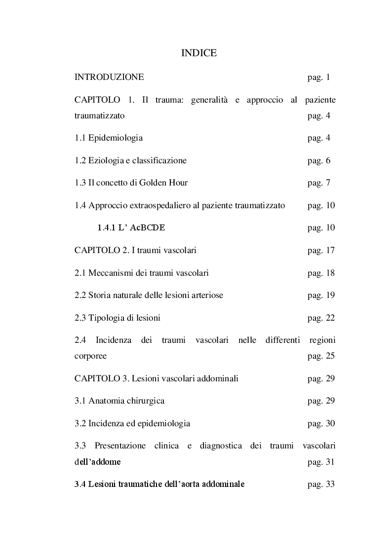 Indice della tesi: Nursing al trattamento delle lesioni traumatiche dell'aorta, Pagina 1