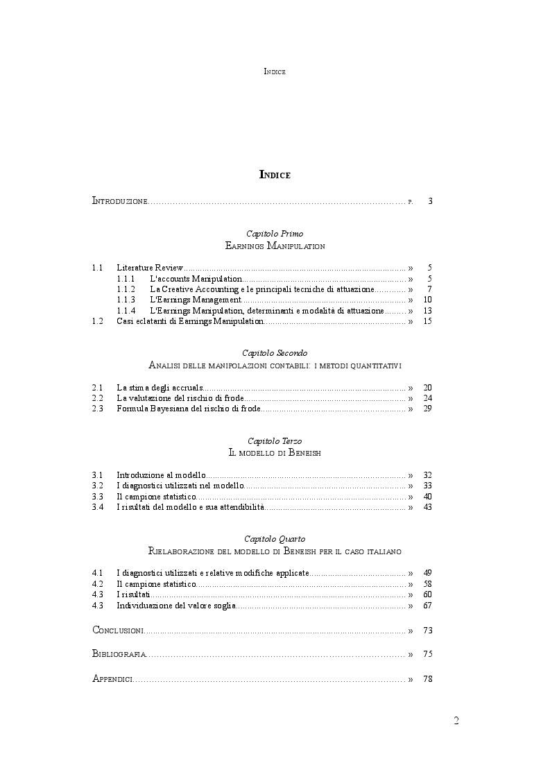Indice della tesi: L'analisi della manipolazione dei conti aziendali: il Manipulation Score in Italia, Pagina 1