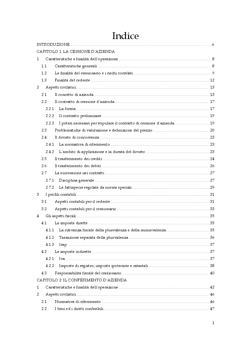 Indice della tesi: Il trasferimento del ramo d'azienda, Pagina 1