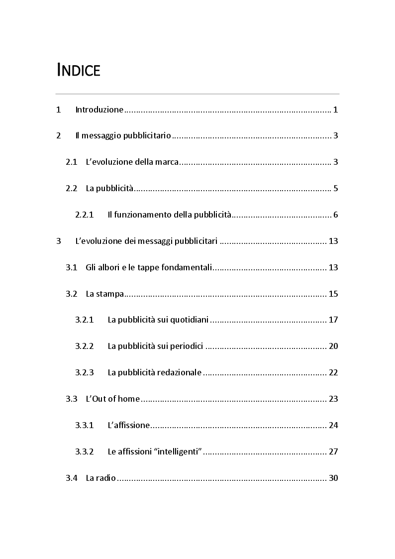 Indice della tesi: L'efficacia dell'iper-personalizzazione dei nuovi messaggi pubblicitari: dai media tradizionali ai media digitali, Pagina 1