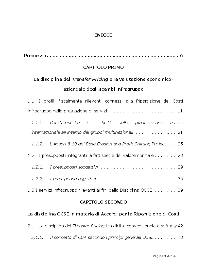 Indice della tesi: Accordi di Ripartizione dei Costi derivanti dalla prestazione di servizi infragruppo (CCA), Pagina 1