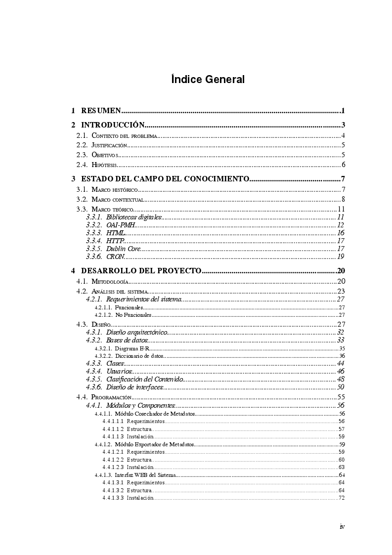 Indice della tesi: Red de Acceso Abierto para el Intercambio de Metadatos de Repositorios Académicos, Pagina 1