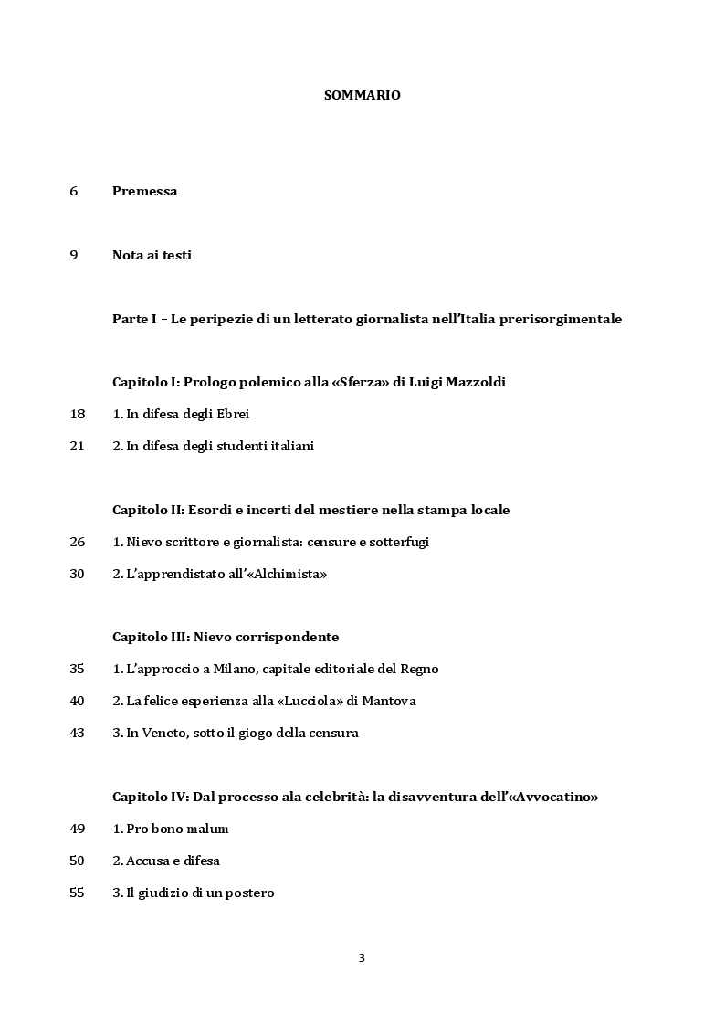 Indice della tesi: "Fantasie in stile enigmatico": esperienze e idee del giornalista Ippolito Nievo (1852-1861), Pagina 1