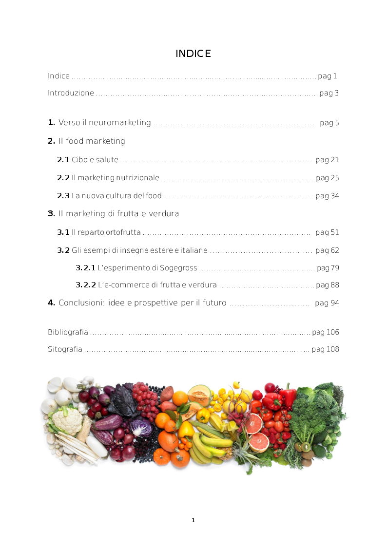 Indice della tesi: La promozione neuropsicologica delle vendite di ortofrutta, Pagina 1